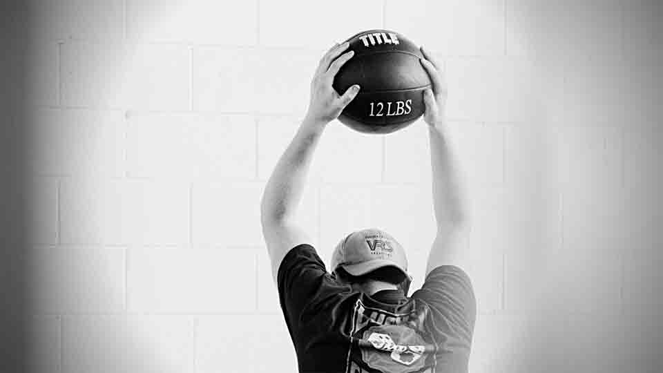 ball slam and squat will work your leg, core, back, arms and shoulders.